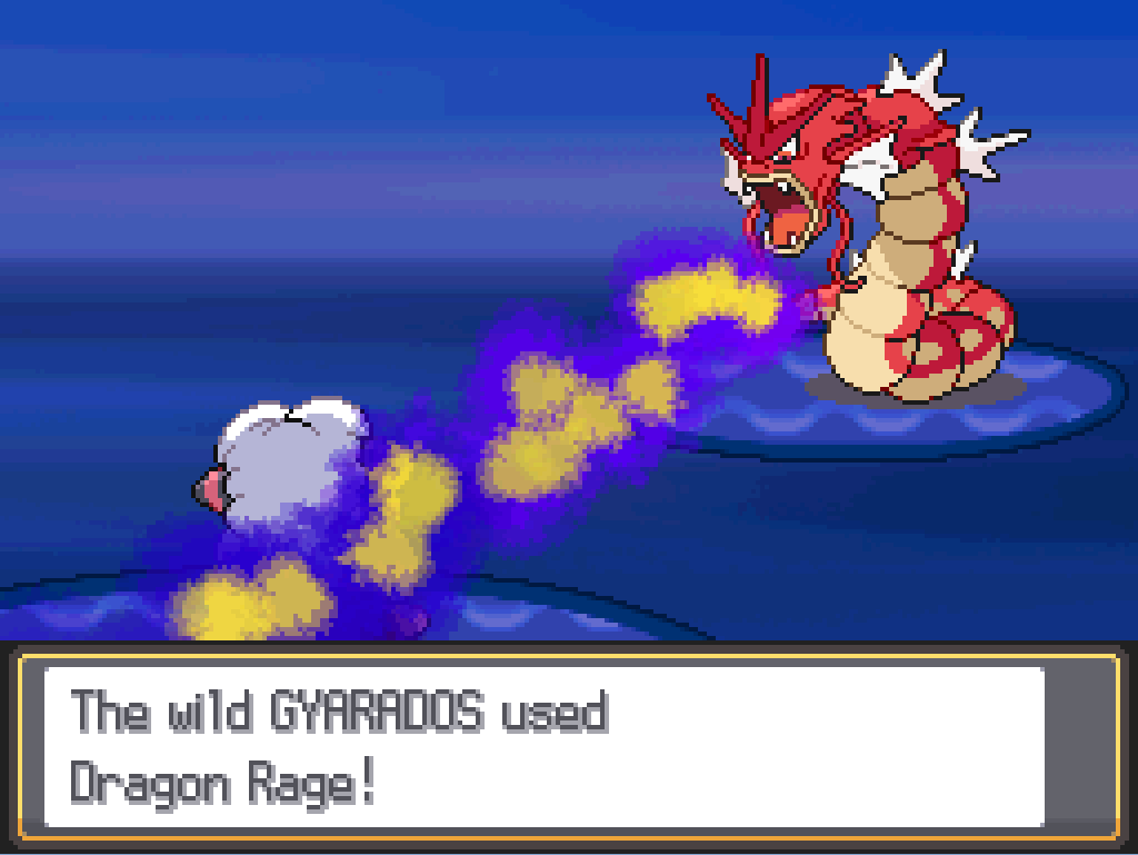 Wendolene the Flaaffy faces the red Gyarados. Game text: The wild Gyarados used Dragon Rage!