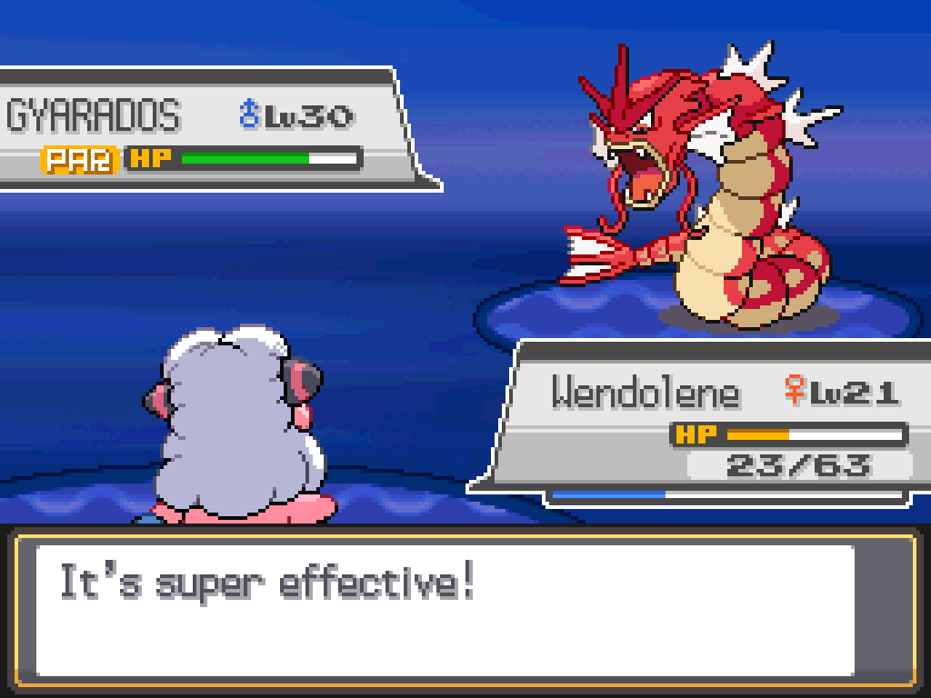 It's super effective! Wendolene has 23/63 HP; Gyarados is paralysed and has about 3/4 HP.
