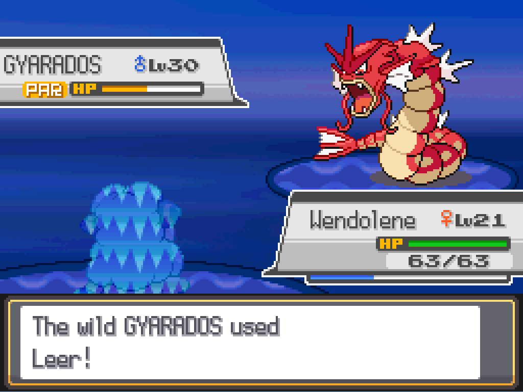 The wild Gyarados used Leer! Wendolene has been healed to full; Gyarados is at slightly less than 1/2.