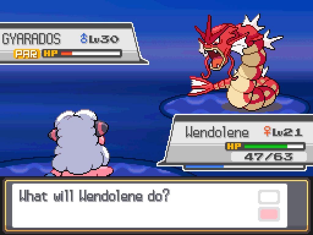 Wendolene is at 47/63; Gyarados is critically injured.