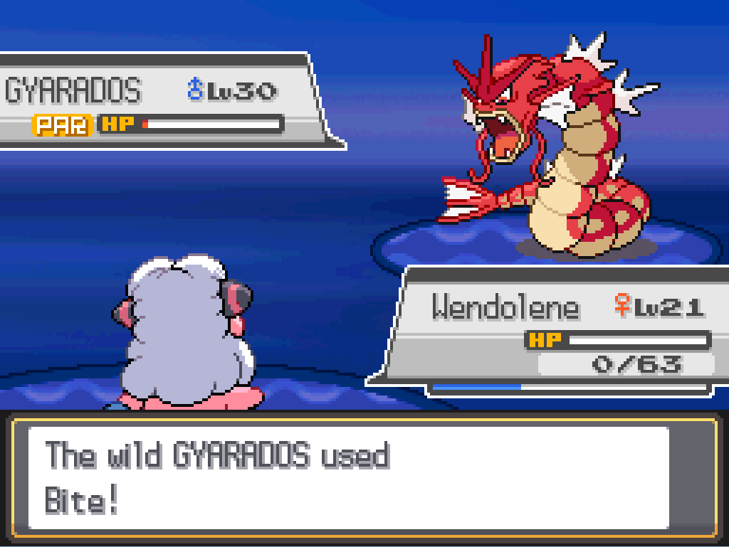 The wild Gyarados used Bite! Wendolene is reduced to 0 HP; Gyarados has a sliver of HP remaining.