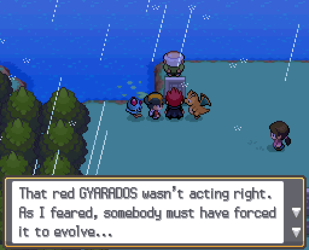 On the shore of lake of rage. A man in a black cape, accompanied by a Dragonite, is examining a sign. He speaks: That red Gyarados wasn't acting right. As I feared, somebody must have forced it to evolve...